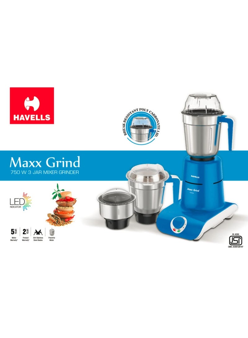 Havells Maxx Grind 750 watt Mixer Grinder with 3 Wider Mouth Stainless Steel Jar, Hands Free Operation, SS-304 Grade Blade, Overload Indicator & 5 Year Motor Warranty (Blue). - Image 4